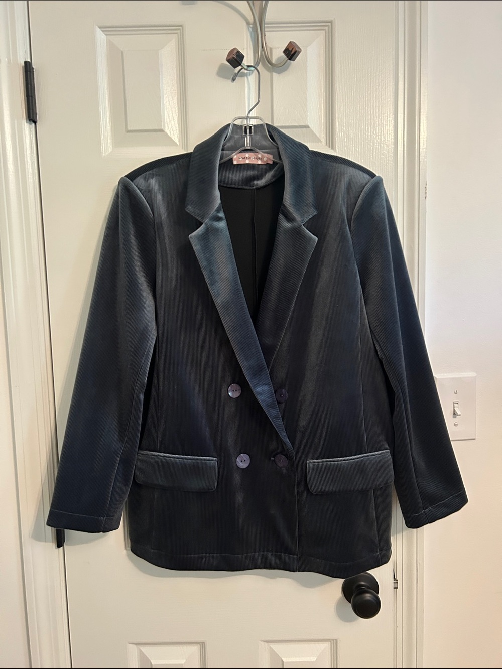 Velvet Double-Breasted Blazer Jacket - Gray Blue Size Large